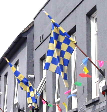 blue & gold checkered flags on poles fixed to a building